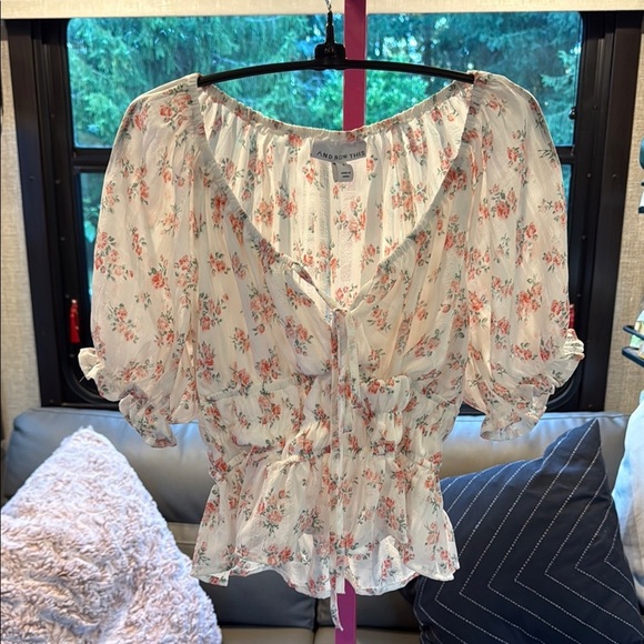 And Now This Tops - Cream Puff Sleeve Peplum twee Y2K fairy Blouse with Tie Front size S